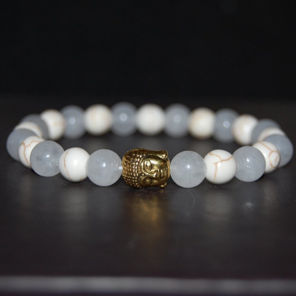 Buddha Bracelet,White Jade Bracelet,Golden Buddha,Elastic Bracelet,Meditation